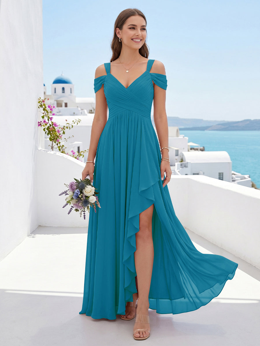A-Line/Princess V-Neck Split Side Floor-Length Chiffon Bridesmaid Dresses With Ruffles