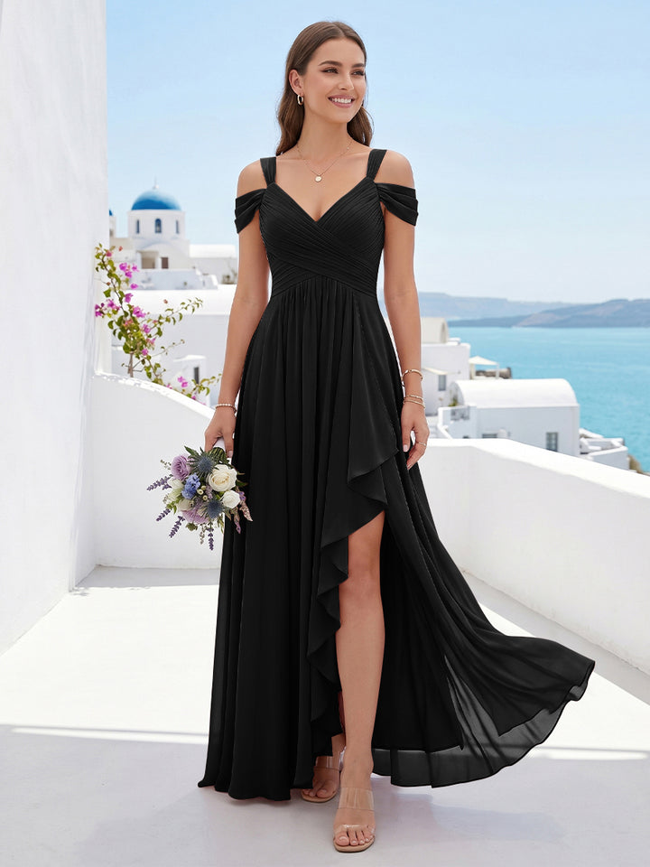 A-Line/Princess V-Neck Split Side Floor-Length Chiffon Bridesmaid Dresses With Ruffles