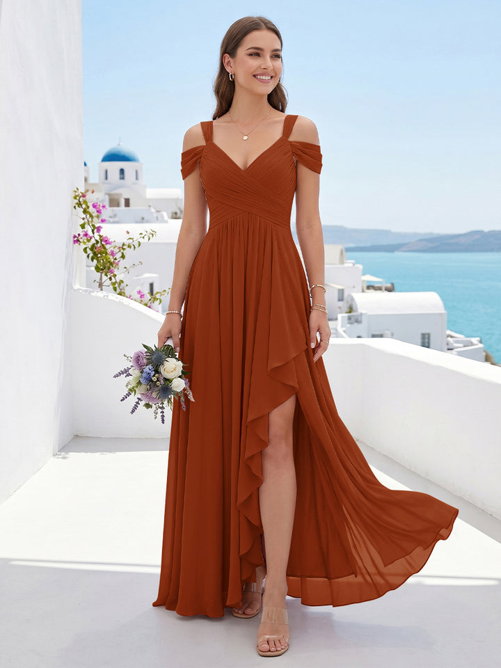 A-Line/Princess V-Neck Split Side Floor-Length Chiffon Bridesmaid Dresses With Ruffles