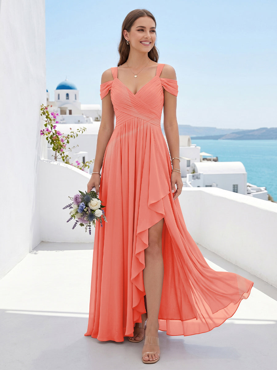 A-Line/Princess V-Neck Split Side Floor-Length Chiffon Bridesmaid Dresses With Ruffles
