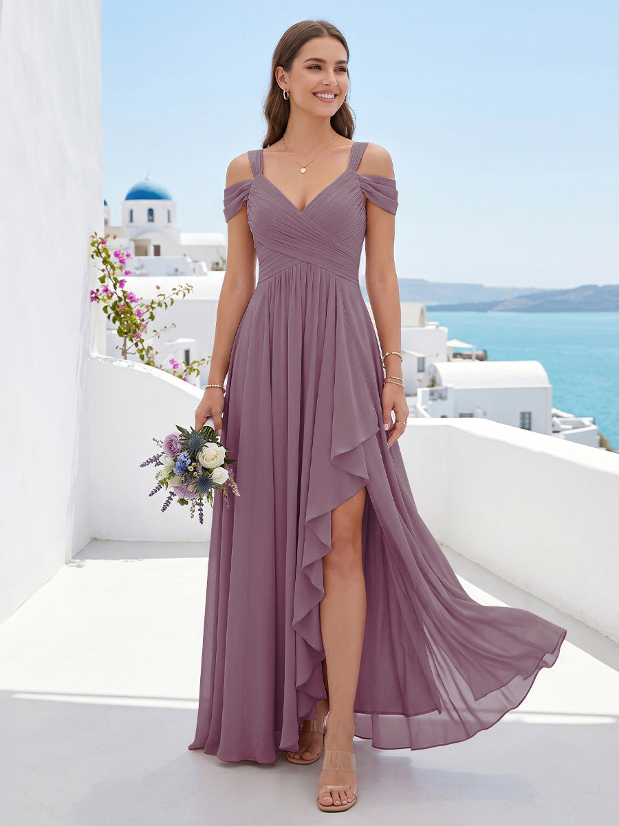 A-Line/Princess V-Neck Split Side Floor-Length Chiffon Bridesmaid Dresses With Ruffles