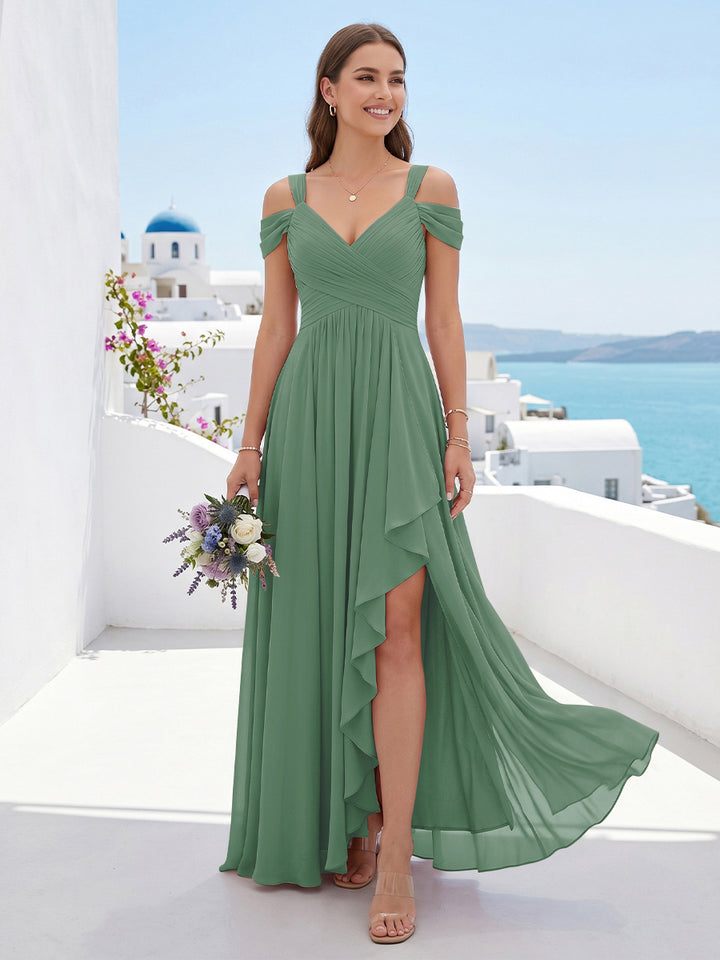 A-Line/Princess V-Neck Split Side Floor-Length Chiffon Bridesmaid Dresses With Ruffles