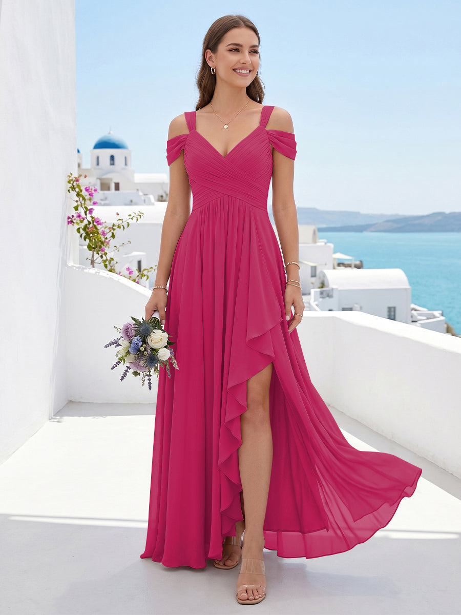 A-Line/Princess V-Neck Split Side Floor-Length Chiffon Bridesmaid Dresses With Ruffles