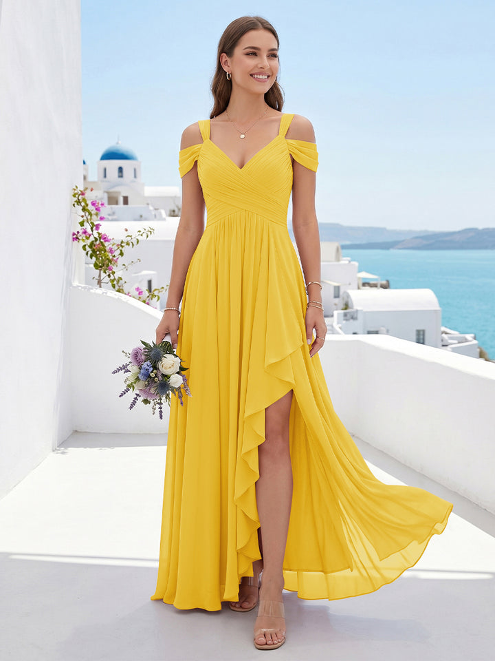 A-Line/Princess V-Neck Split Side Floor-Length Chiffon Bridesmaid Dresses With Ruffles