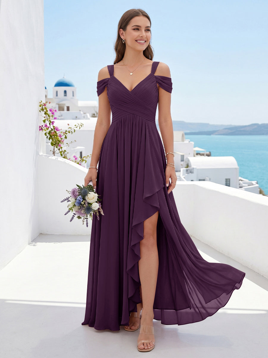 A-Line/Princess V-Neck Split Side Floor-Length Chiffon Bridesmaid Dresses With Ruffles