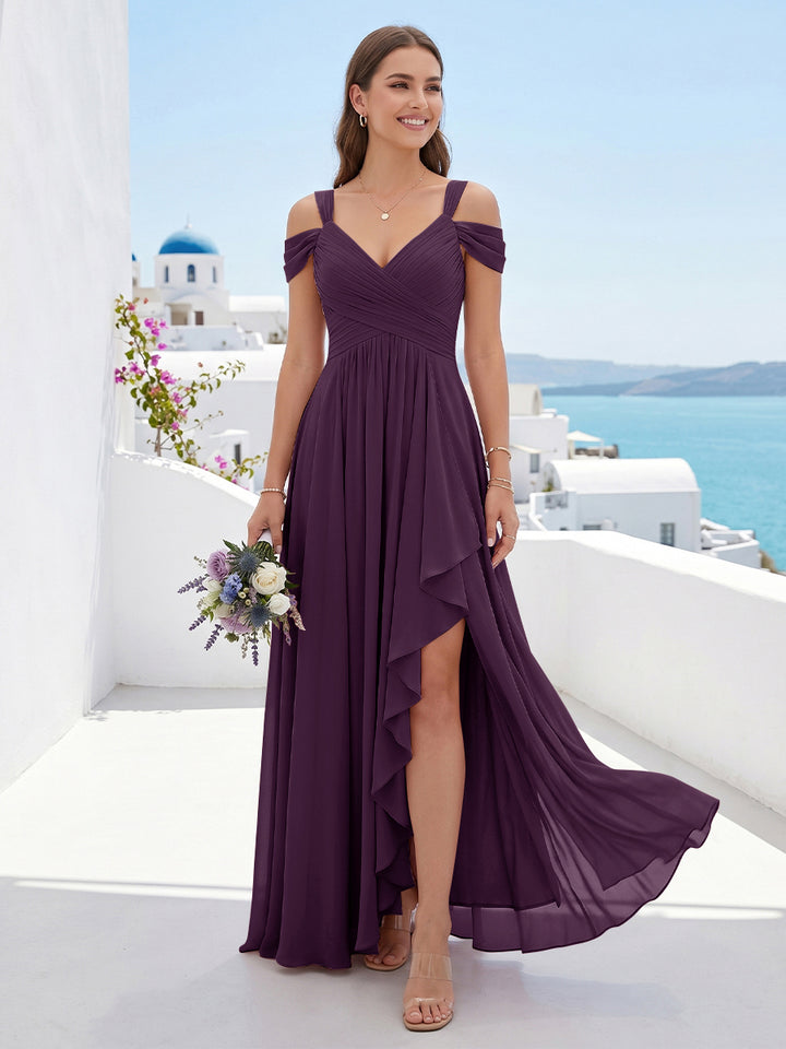 A-Line/Princess V-Neck Split Side Floor-Length Chiffon Bridesmaid Dresses With Ruffles