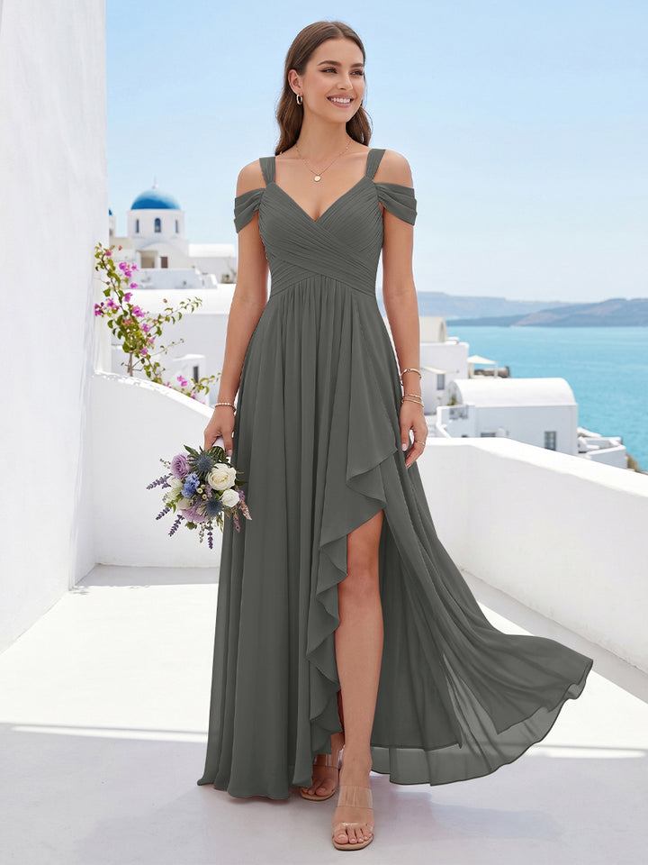A-Line/Princess V-Neck Split Side Floor-Length Chiffon Bridesmaid Dresses With Ruffles