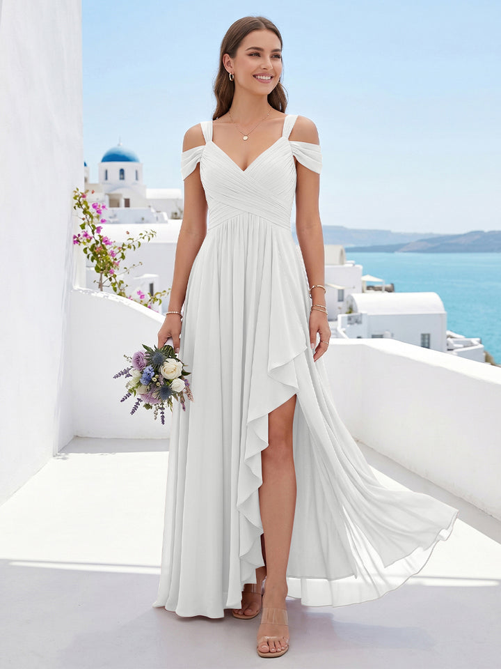 A-Line/Princess V-Neck Split Side Floor-Length Chiffon Bridesmaid Dresses With Ruffles