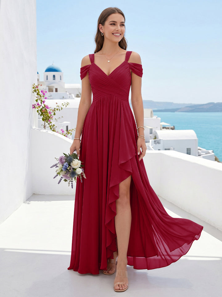 A-Line/Princess V-Neck Split Side Floor-Length Chiffon Bridesmaid Dresses With Ruffles