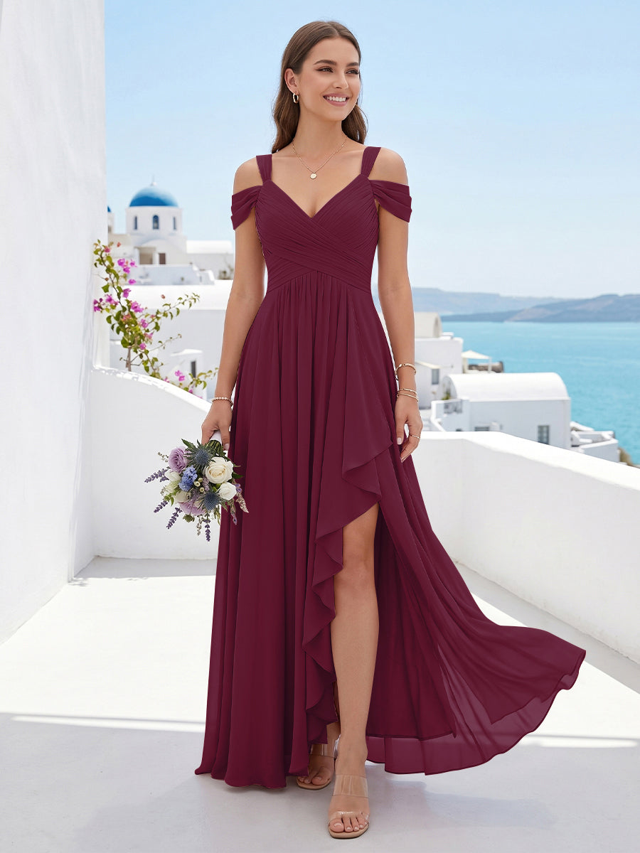 A-Line/Princess V-Neck Split Side Floor-Length Chiffon Bridesmaid Dresses With Ruffles