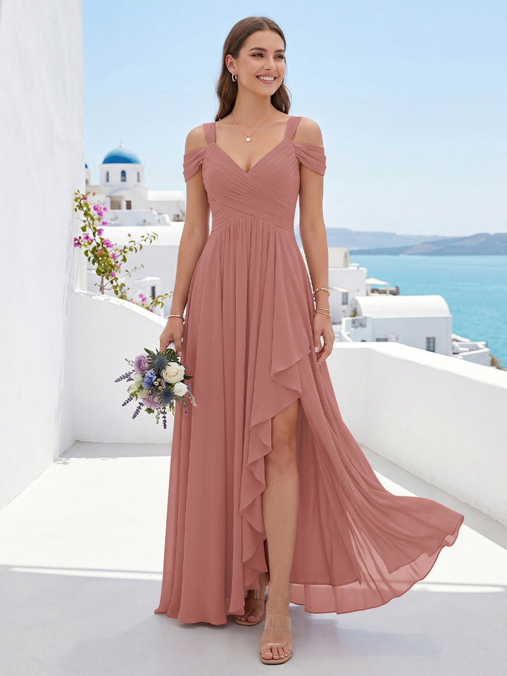 A-Line/Princess V-Neck Split Side Floor-Length Chiffon Bridesmaid Dresses With Ruffles