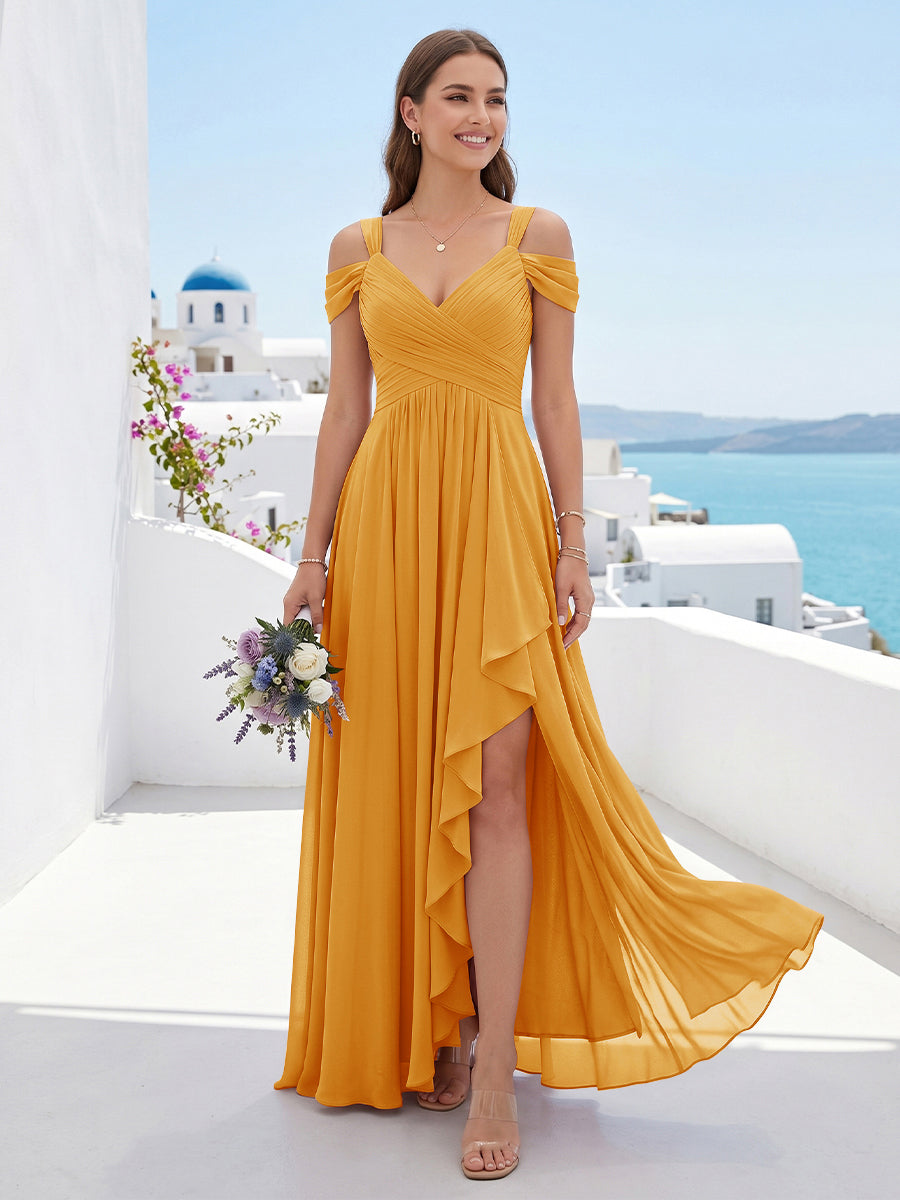 A-Line/Princess V-Neck Split Side Floor-Length Chiffon Bridesmaid Dresses With Ruffles