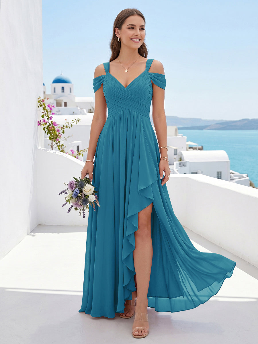 A-Line/Princess V-Neck Split Side Floor-Length Chiffon Bridesmaid Dresses With Ruffles