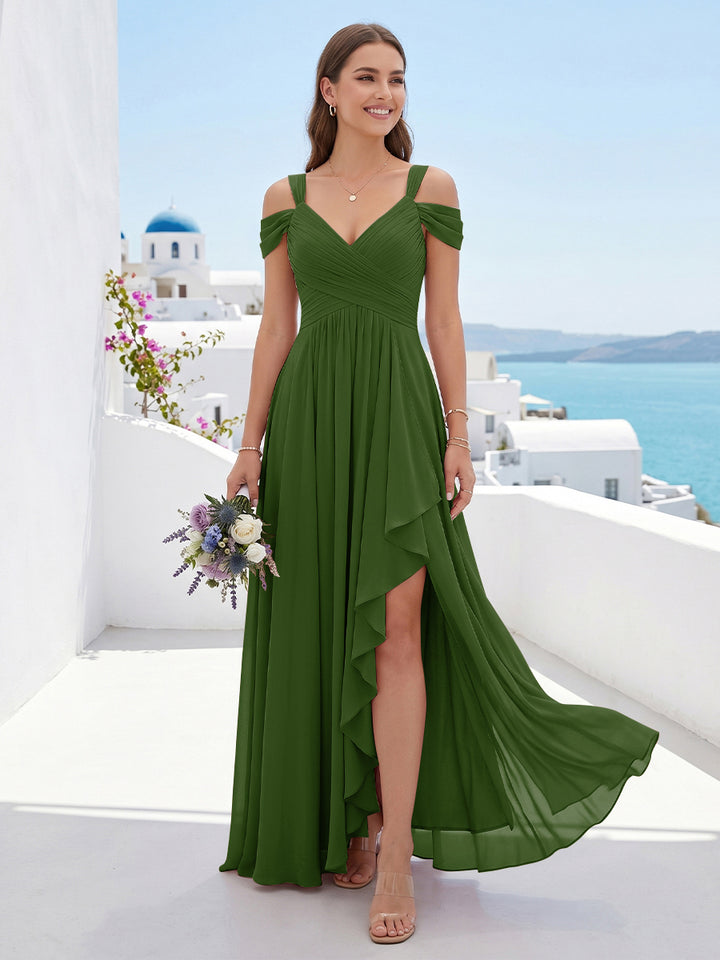 A-Line/Princess V-Neck Split Side Floor-Length Chiffon Bridesmaid Dresses With Ruffles