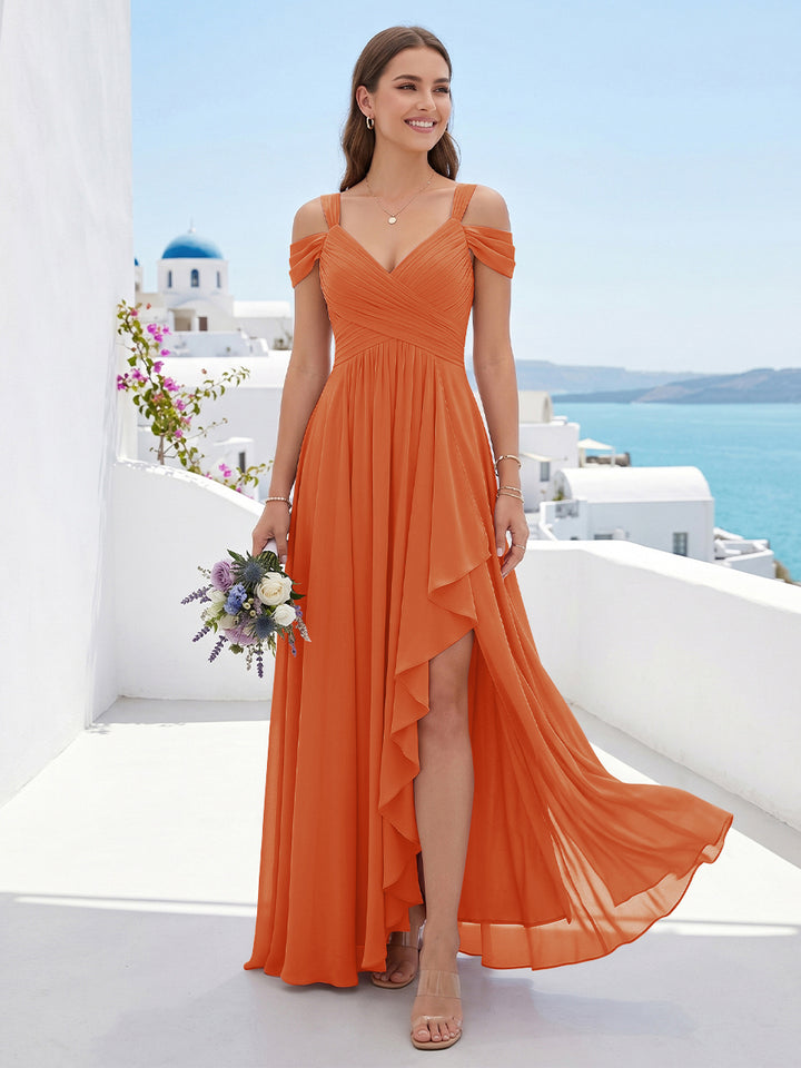 A-Line/Princess V-Neck Split Side Floor-Length Chiffon Bridesmaid Dresses With Ruffles
