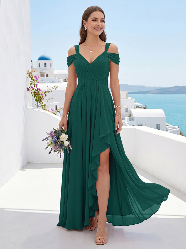 A-Line/Princess V-Neck Split Side Floor-Length Chiffon Bridesmaid Dresses With Ruffles