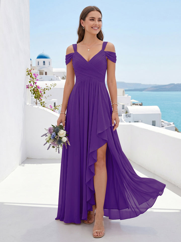 A-Line/Princess V-Neck Split Side Floor-Length Chiffon Bridesmaid Dresses With Ruffles
