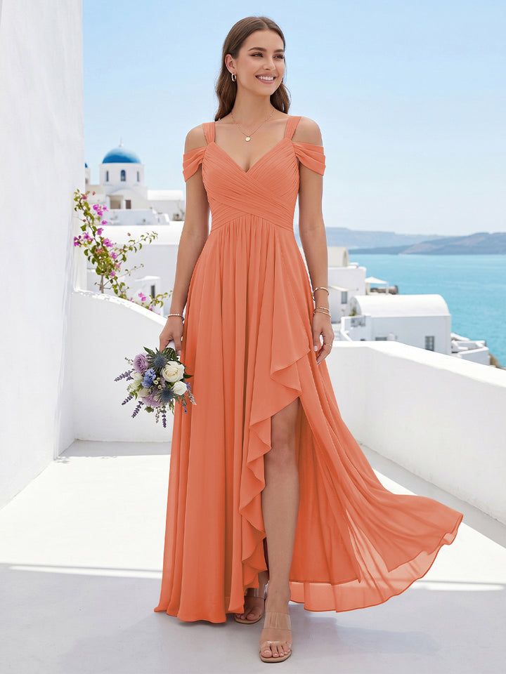 A-Line/Princess V-Neck Split Side Floor-Length Chiffon Bridesmaid Dresses With Ruffles