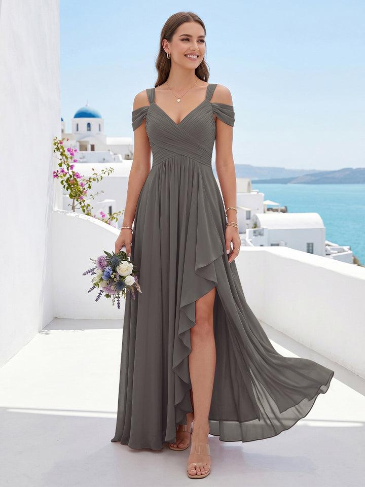 A-Line/Princess V-Neck Split Side Floor-Length Chiffon Bridesmaid Dresses With Ruffles