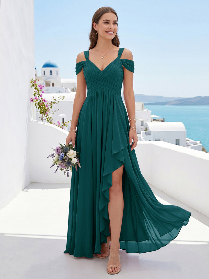 A-Line/Princess V-Neck Split Side Floor-Length Chiffon Bridesmaid Dresses With Ruffles