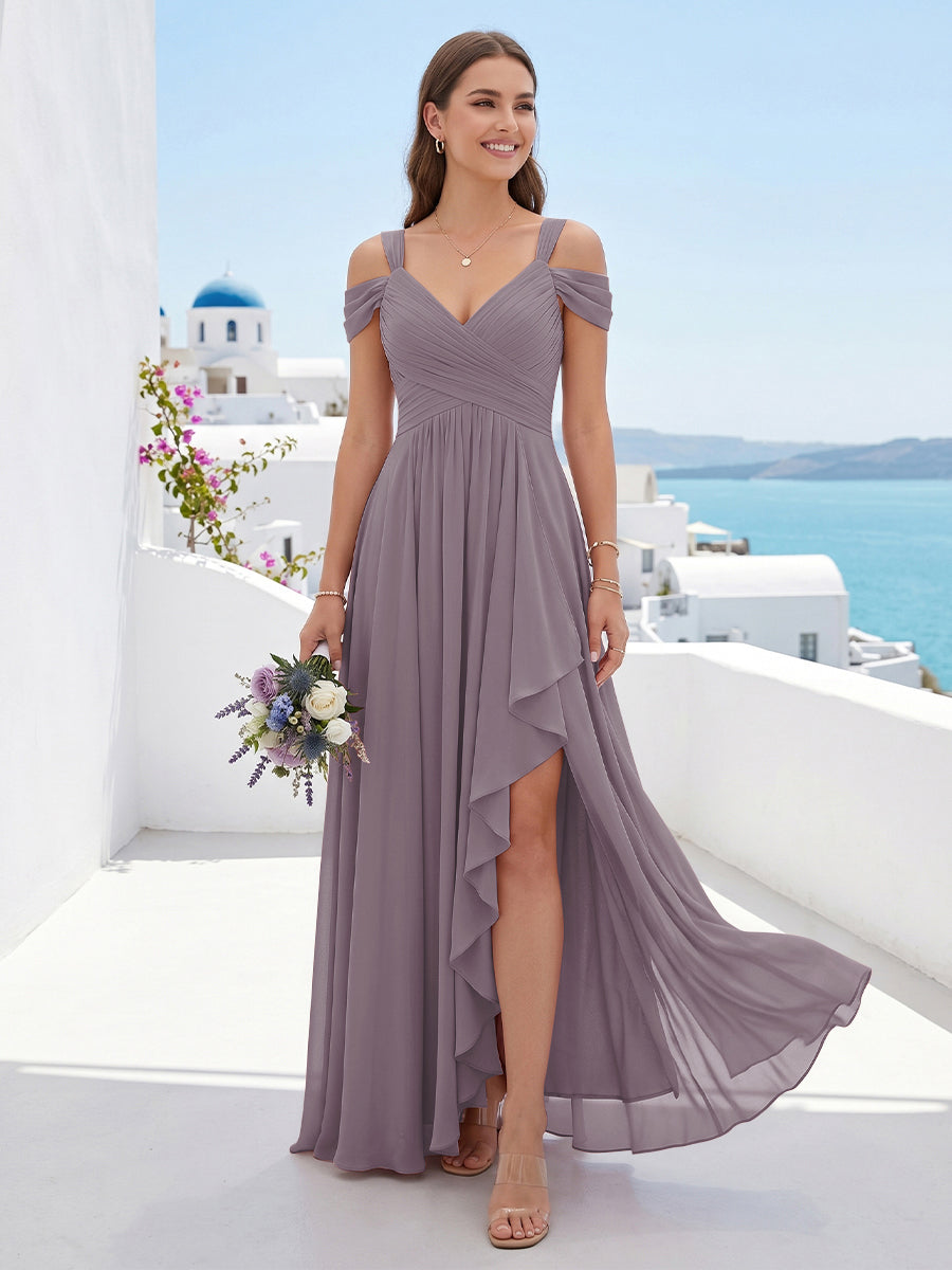 A-Line/Princess V-Neck Split Side Floor-Length Chiffon Bridesmaid Dresses With Ruffles