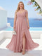 A-Line/Princess V-Neck Split Side Floor-Length Chiffon Plus Size Bridesmaid Dresses With Ruffles