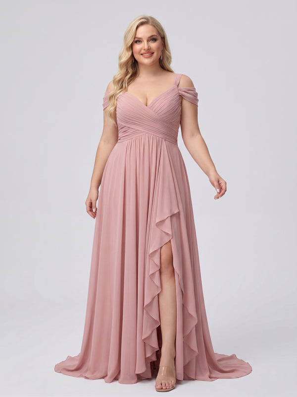 A-Line/Princess V-Neck Split Side Floor-Length Chiffon Plus Size Bridesmaid Dresses With Ruffles