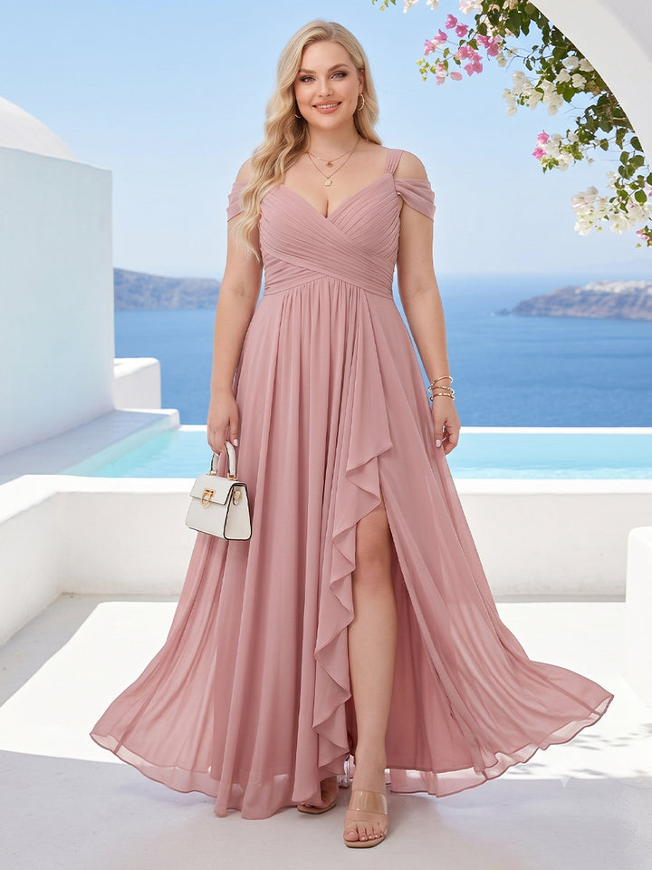 A-Line/Princess V-Neck Split Side Floor-Length Chiffon Plus Size Bridesmaid Dresses With Ruffles