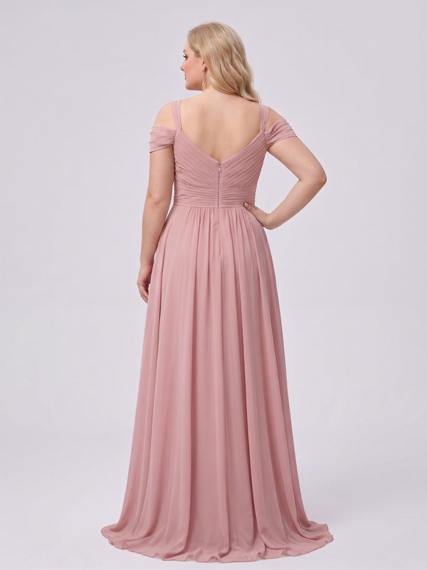 A-Line/Princess V-Neck Split Side Floor-Length Chiffon Plus Size Bridesmaid Dresses With Ruffles