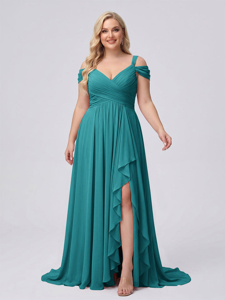 A-Line/Princess V-Neck Split Side Floor-Length Chiffon Plus Size Bridesmaid Dresses With Ruffles