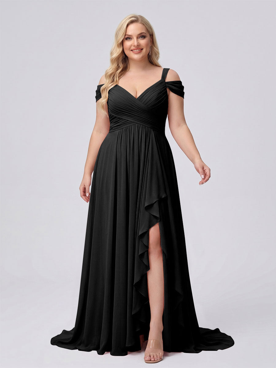A-Line/Princess V-Neck Split Side Floor-Length Chiffon Plus Size Bridesmaid Dresses With Ruffles