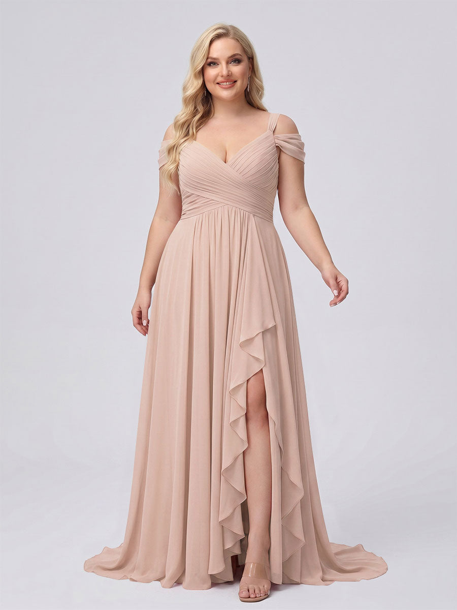 A-Line/Princess V-Neck Split Side Floor-Length Chiffon Plus Size Bridesmaid Dresses With Ruffles
