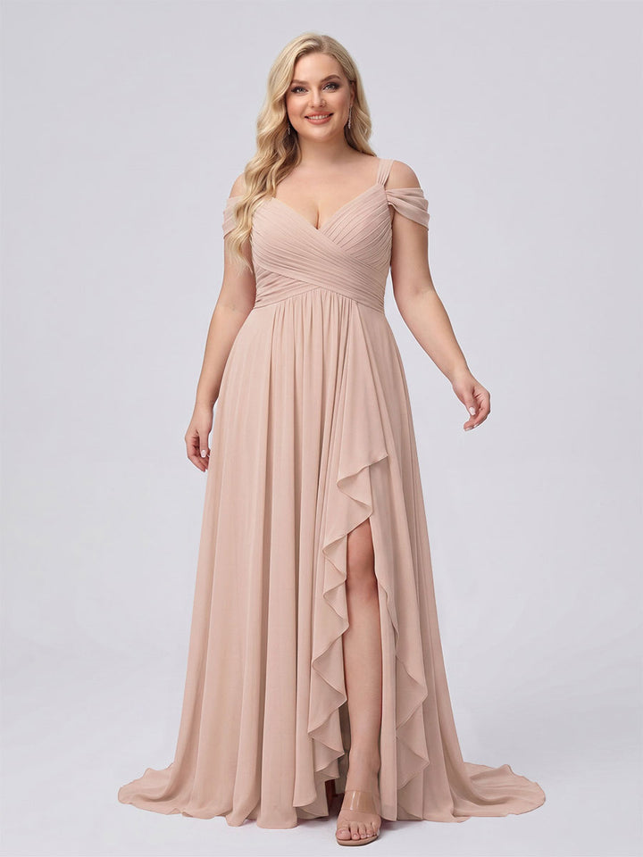 A-Line/Princess V-Neck Split Side Floor-Length Chiffon Plus Size Bridesmaid Dresses With Ruffles