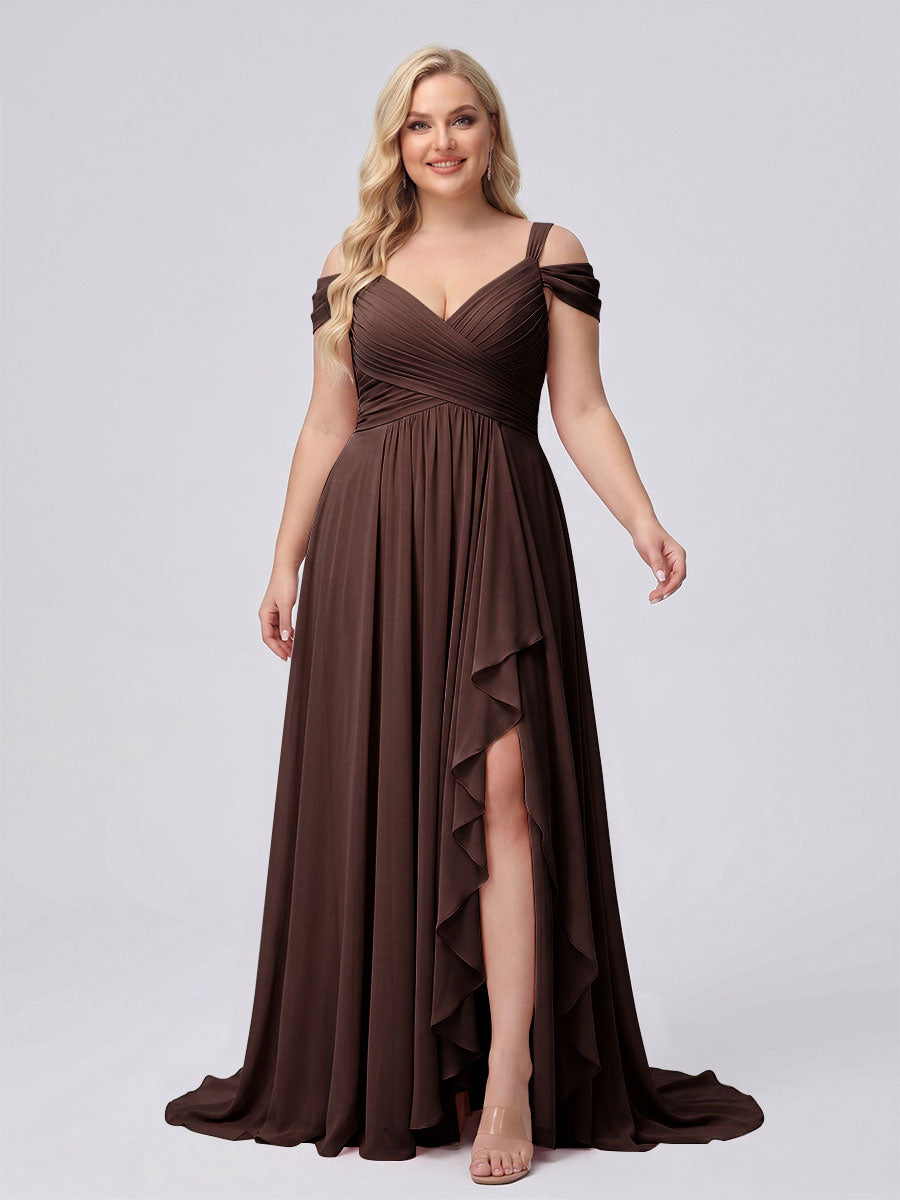A-Line/Princess V-Neck Split Side Floor-Length Chiffon Plus Size Bridesmaid Dresses With Ruffles