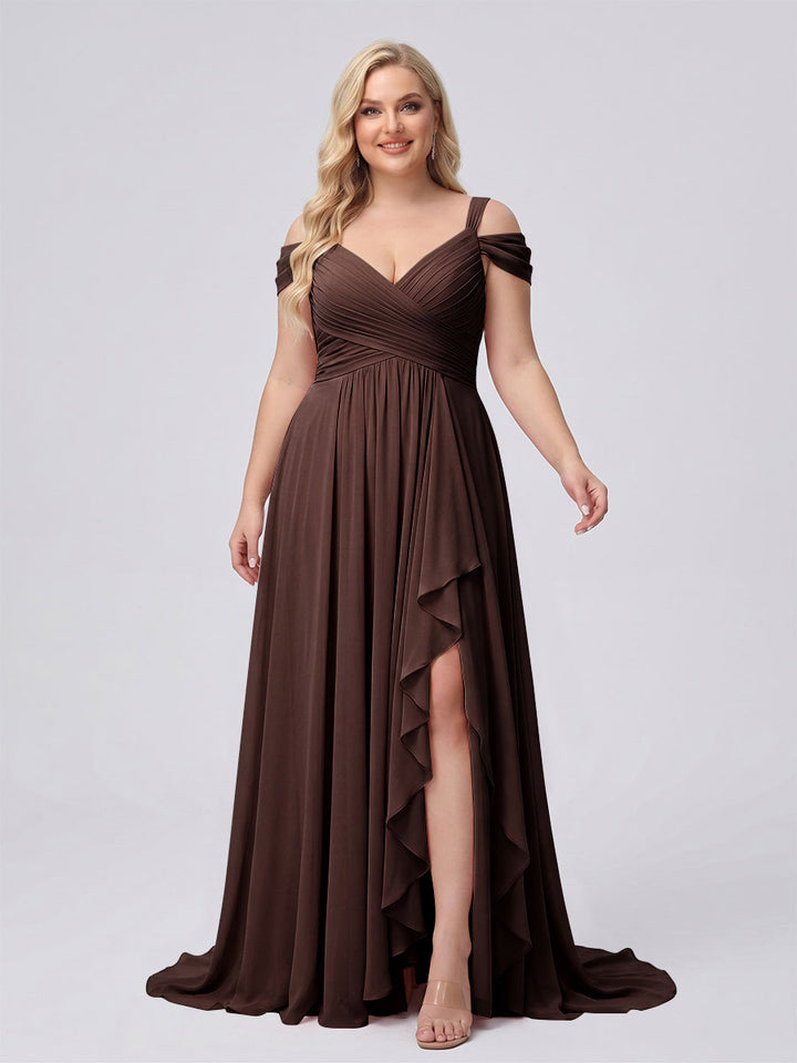 A-Line/Princess V-Neck Split Side Floor-Length Chiffon Plus Size Bridesmaid Dresses With Ruffles