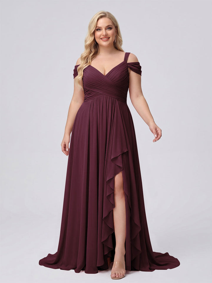 A-Line/Princess V-Neck Split Side Floor-Length Chiffon Plus Size Bridesmaid Dresses With Ruffles