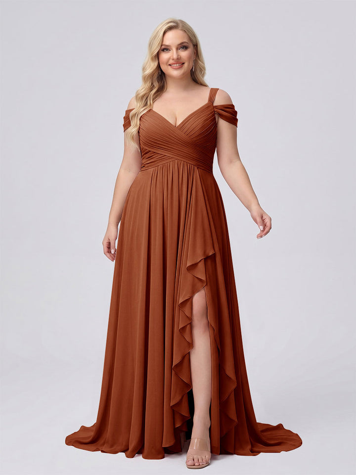 A-Line/Princess V-Neck Split Side Floor-Length Chiffon Plus Size Bridesmaid Dresses With Ruffles