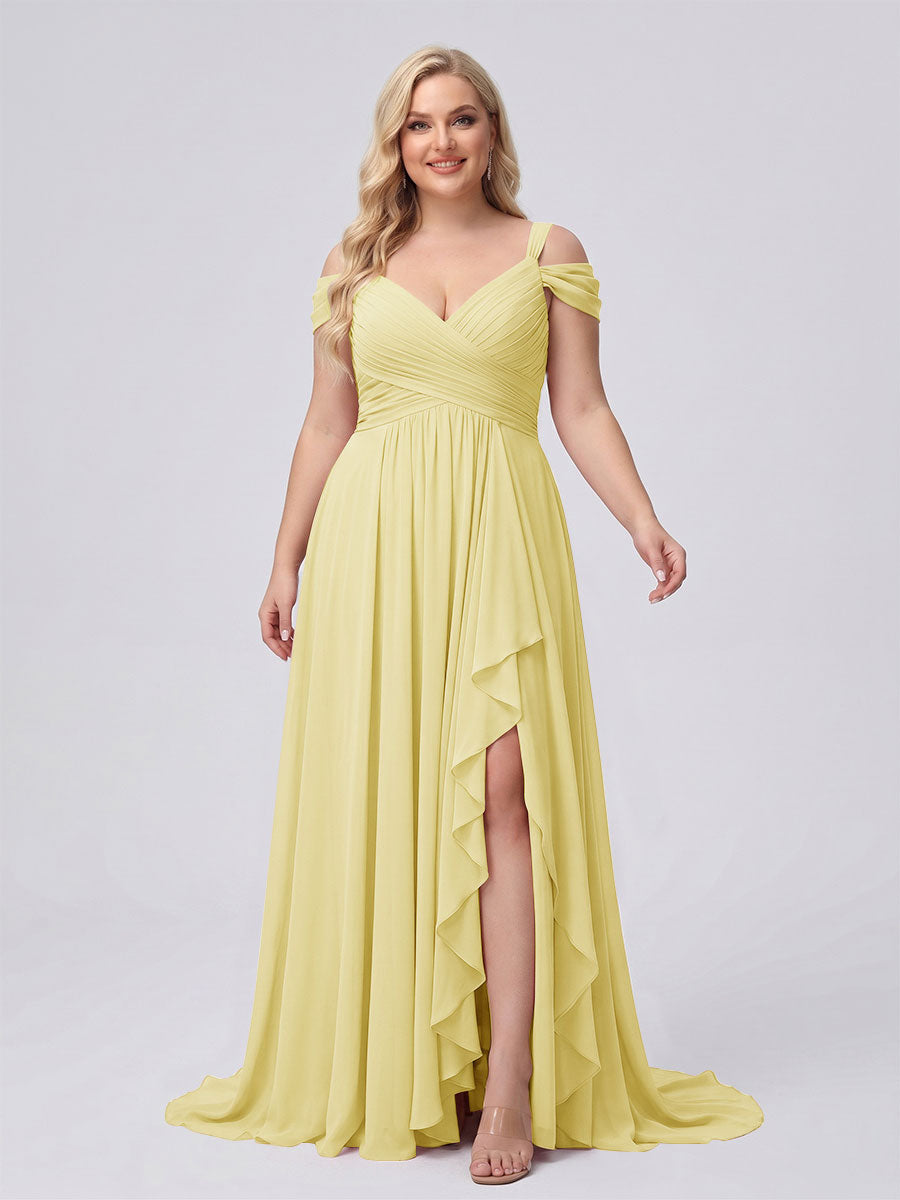 A-Line/Princess V-Neck Split Side Floor-Length Chiffon Plus Size Bridesmaid Dresses With Ruffles