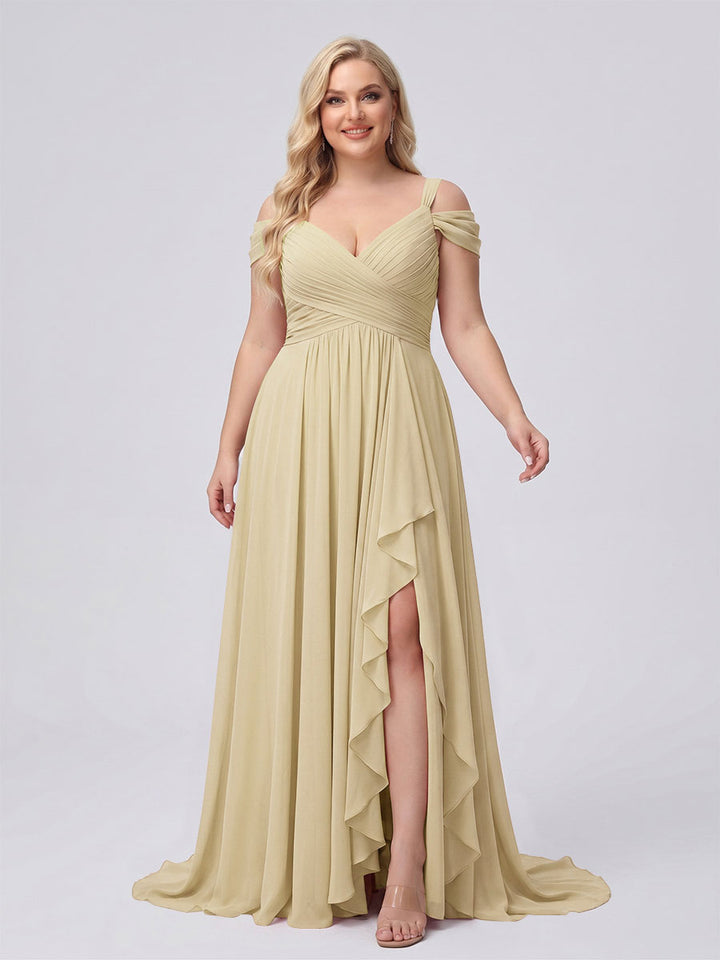 A-Line/Princess V-Neck Split Side Floor-Length Chiffon Plus Size Bridesmaid Dresses With Ruffles