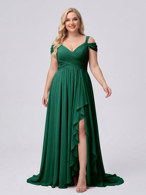 A-Line/Princess V-Neck Split Side Floor-Length Chiffon Plus Size Bridesmaid Dresses With Ruffles