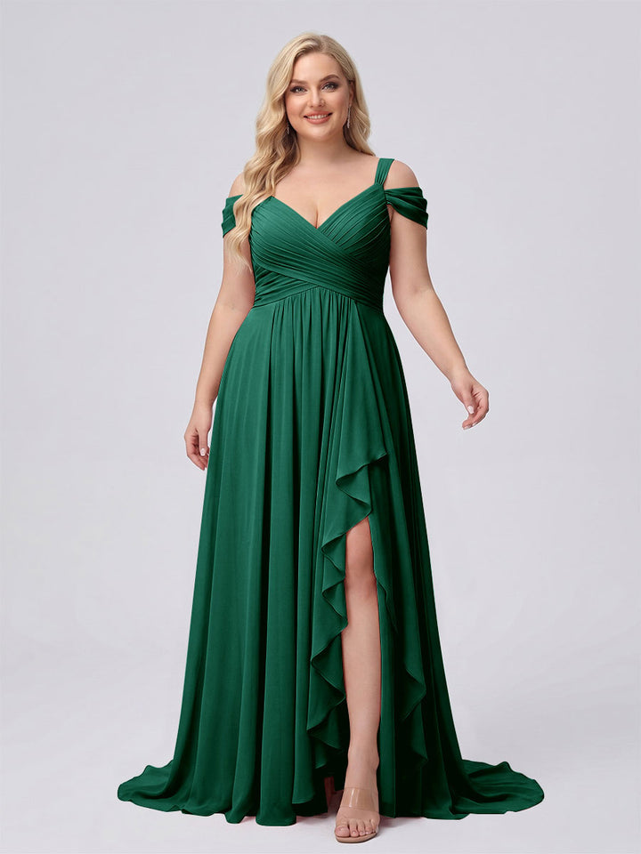 A-Line/Princess V-Neck Split Side Floor-Length Chiffon Plus Size Bridesmaid Dresses With Ruffles