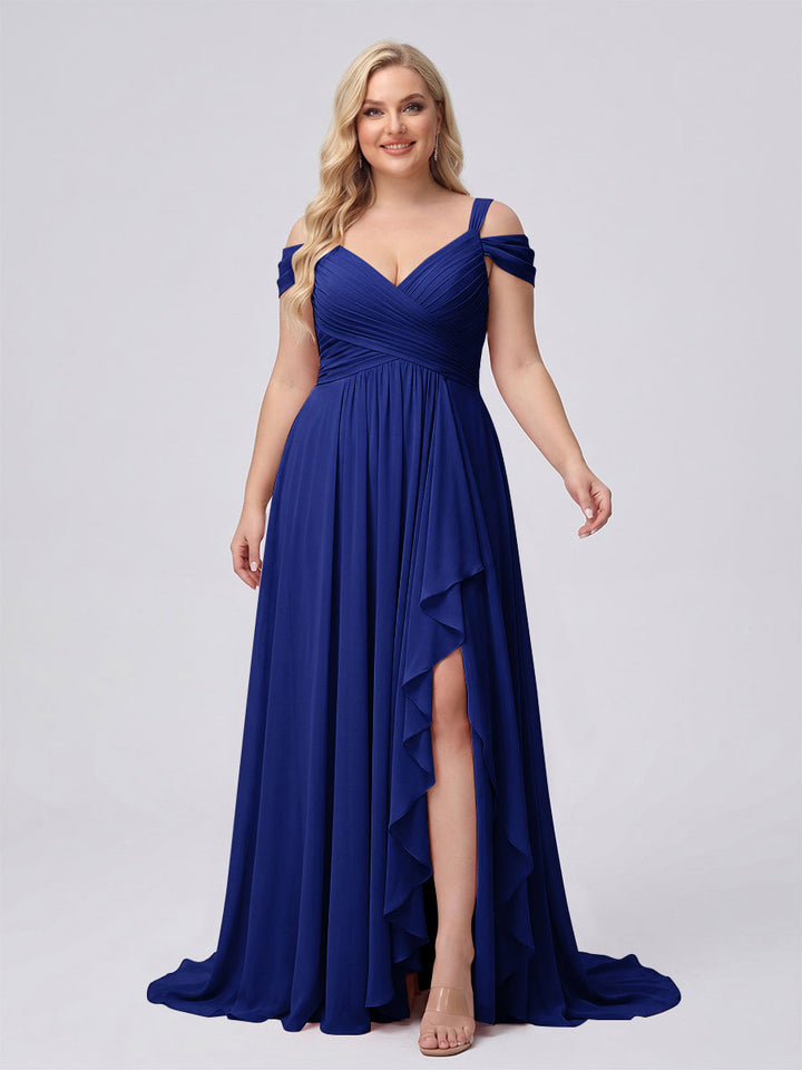 A-Line/Princess V-Neck Split Side Floor-Length Chiffon Plus Size Bridesmaid Dresses With Ruffles