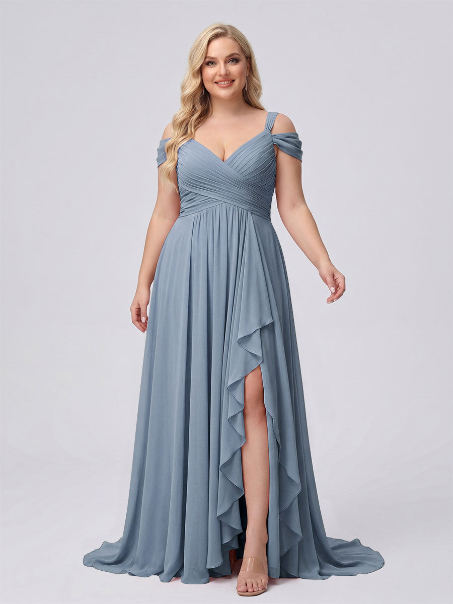 A-Line/Princess V-Neck Split Side Floor-Length Chiffon Plus Size Bridesmaid Dresses With Ruffles