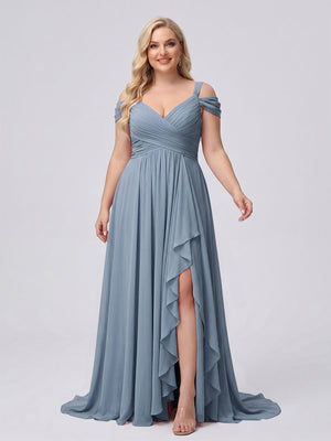 A-Line/Princess V-Neck Split Side Floor-Length Chiffon Plus Size Bridesmaid Dresses With Ruffles