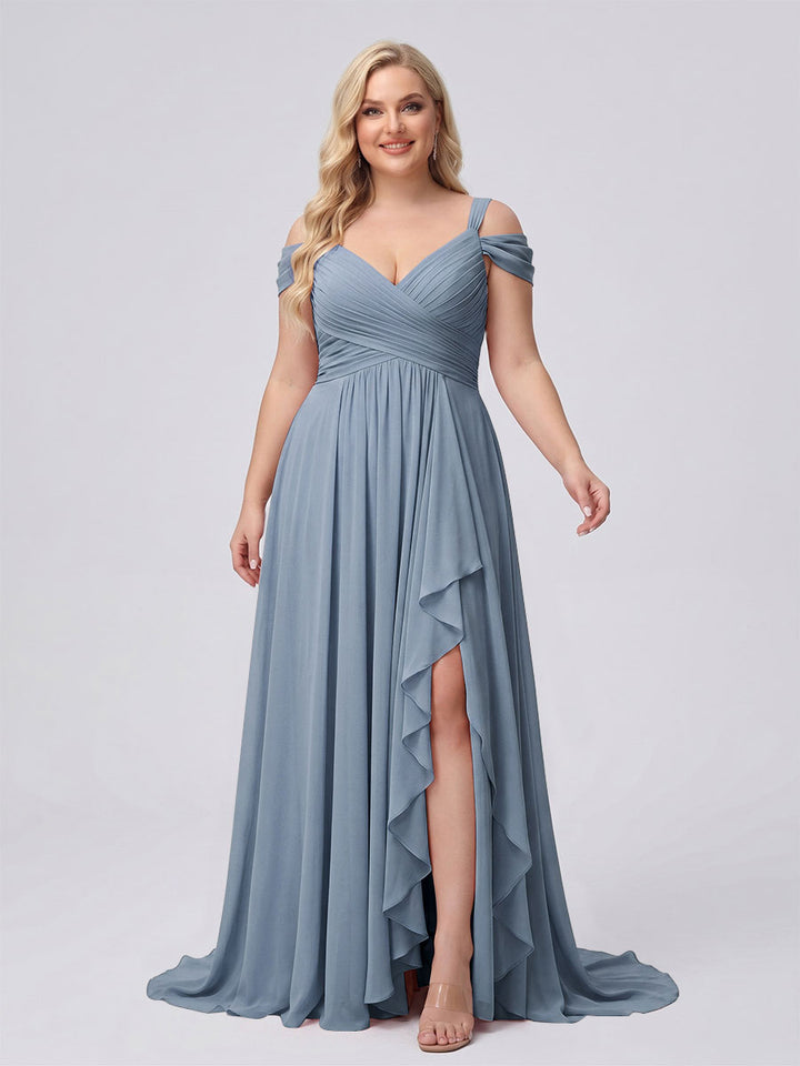A-Line/Princess V-Neck Split Side Floor-Length Chiffon Plus Size Bridesmaid Dresses With Ruffles