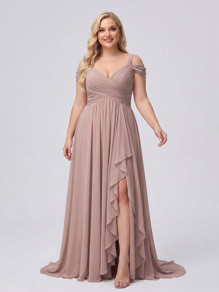 A-Line/Princess V-Neck Split Side Floor-Length Chiffon Plus Size Bridesmaid Dresses With Ruffles