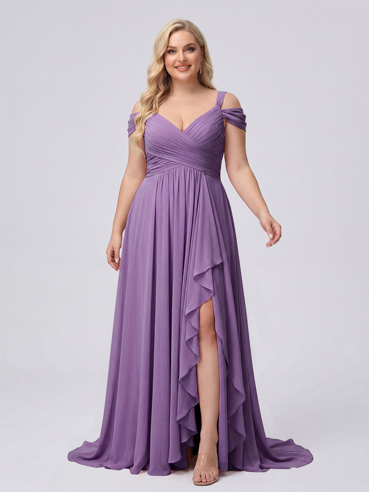 A-Line/Princess V-Neck Split Side Floor-Length Chiffon Plus Size Bridesmaid Dresses With Ruffles