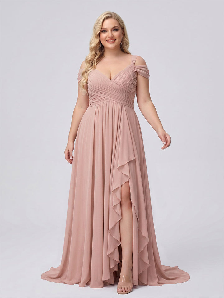 A-Line/Princess V-Neck Split Side Floor-Length Chiffon Plus Size Bridesmaid Dresses With Ruffles