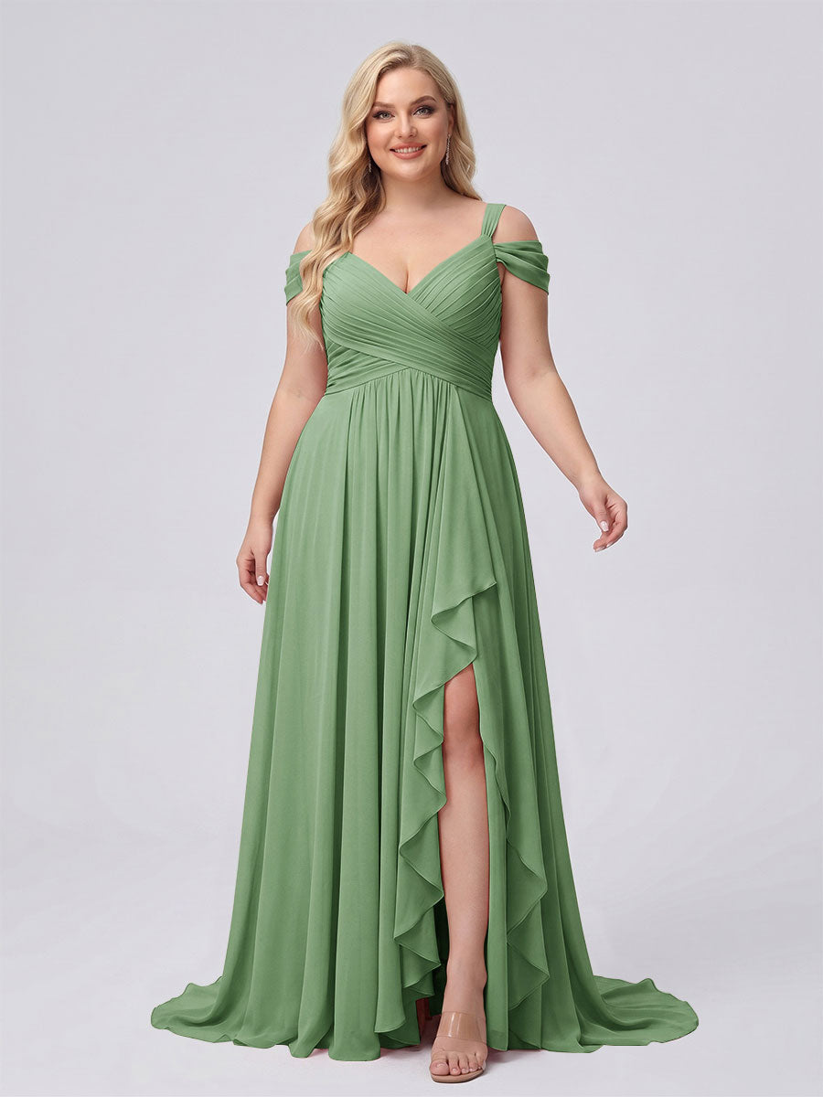 A-Line/Princess V-Neck Split Side Floor-Length Chiffon Plus Size Bridesmaid Dresses With Ruffles