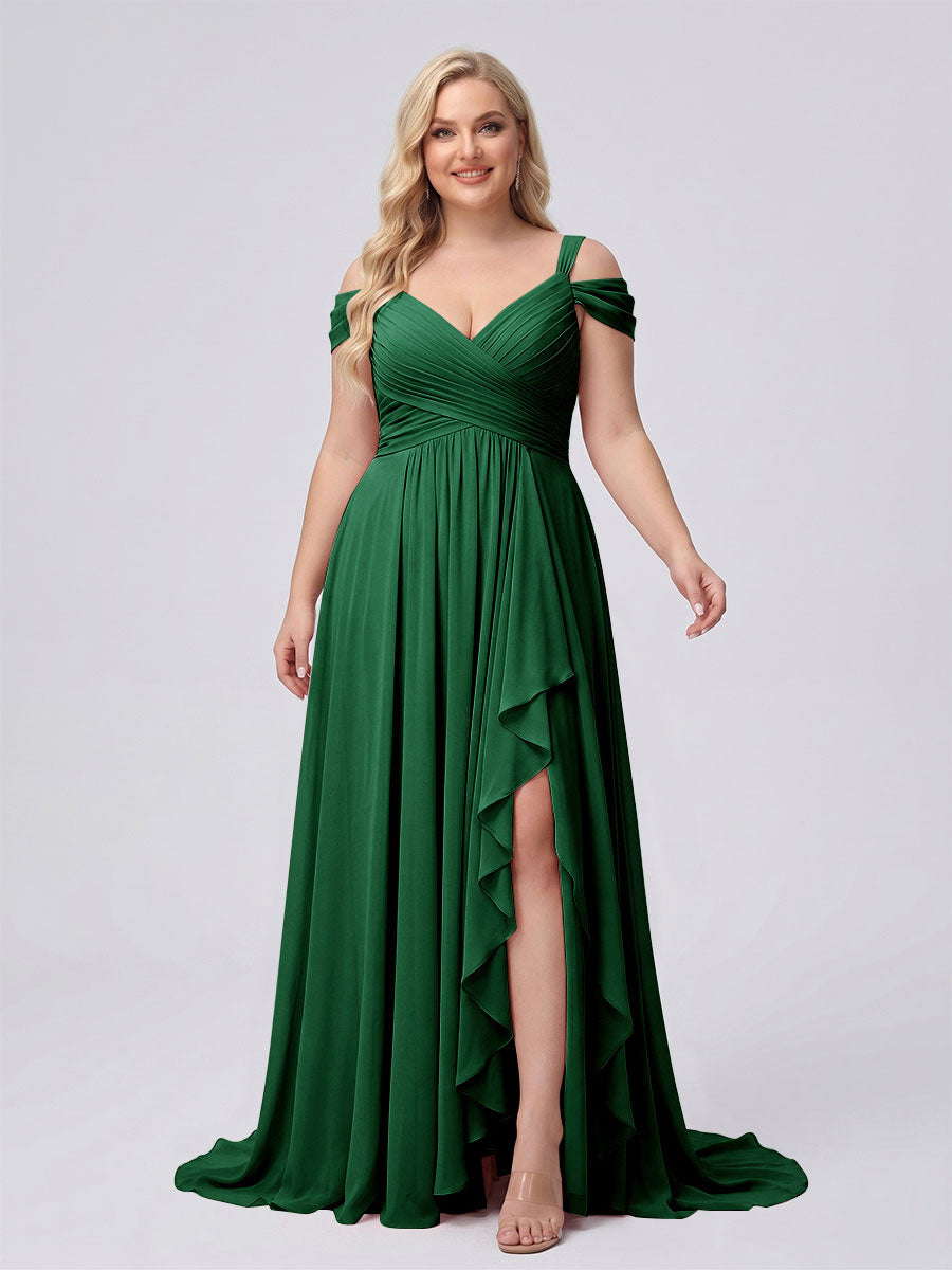 A-Line/Princess V-Neck Split Side Floor-Length Chiffon Plus Size Bridesmaid Dresses With Ruffles